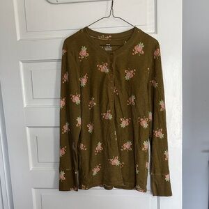 Aerie Green Floral Thermal Knit Top